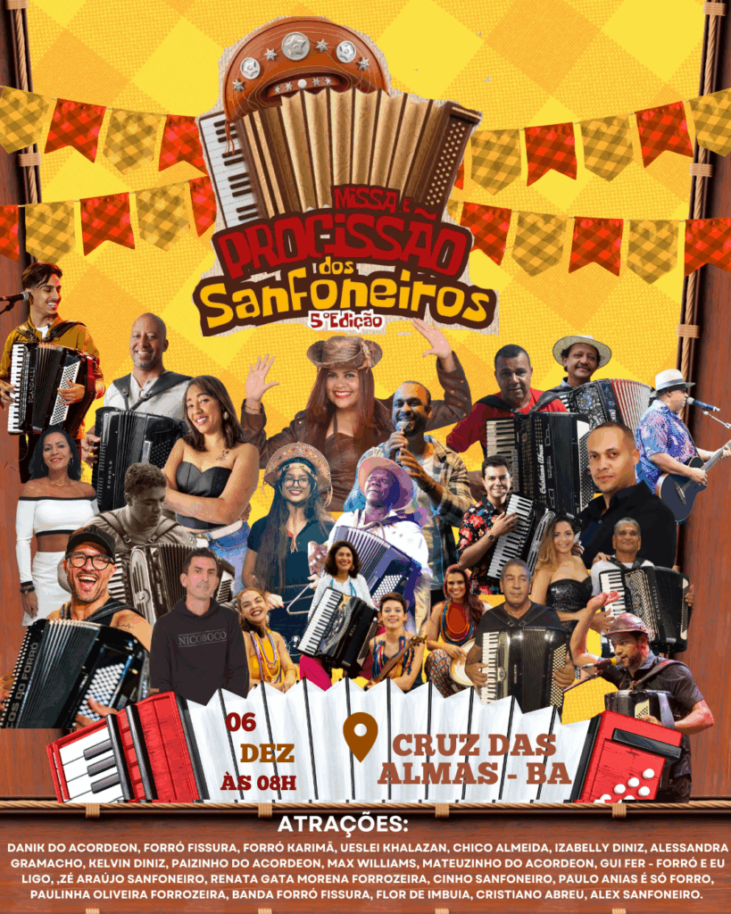 Cruz das Almas celebra fé, tradição e sanfona neste sábado (06/12) com a Procissão dos Sanfoneiros 2025